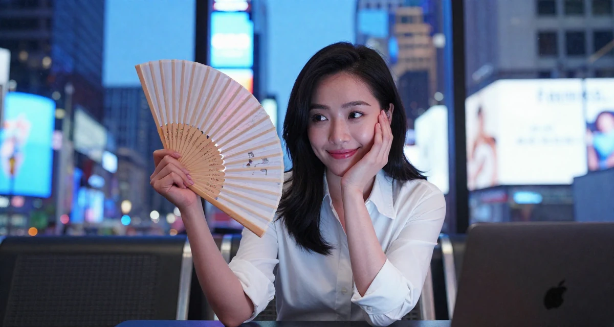 A quietly happy Female Former bakery assistant, now crafting sweet, soft-aesthetic creator vibes in their 22, refining flirty messaging styles without oversharing, wearing a crisp button-up with rolled sleeves, fanning self with a hand in a waiting room.