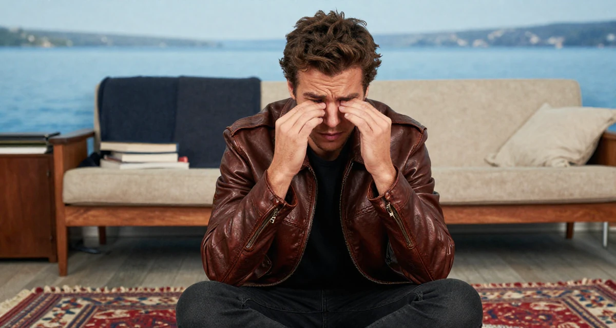 A suspicious male Grew up in France, majored in cultural studies in their 22, managing emotional whiplash from fluctuating subscriber counts, wearing a vintage-inspired leather jacket look, rubbing eyes in a waiting room.