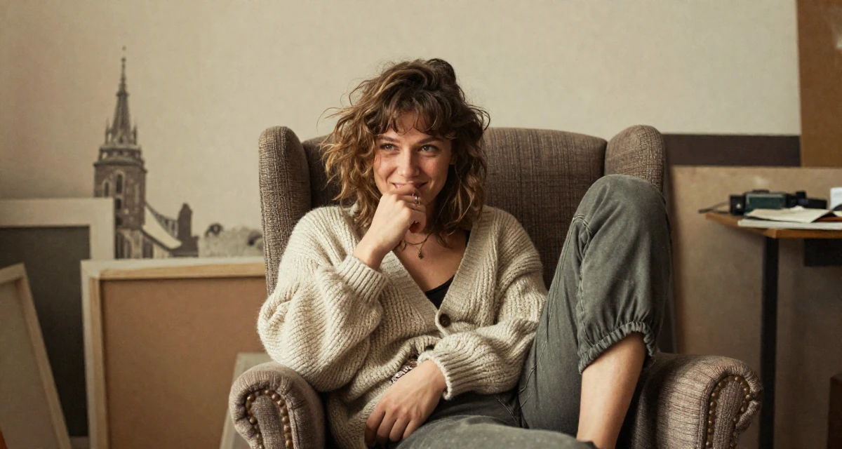 A amused Female From Kraków Poland, studied emotional choreography in contemporary dance in their 21, embracing a carefree bohemian lifestyle, wearing a cozy knit cardigan and slacks, biting a lip thoughtfully in a messy artist studio.