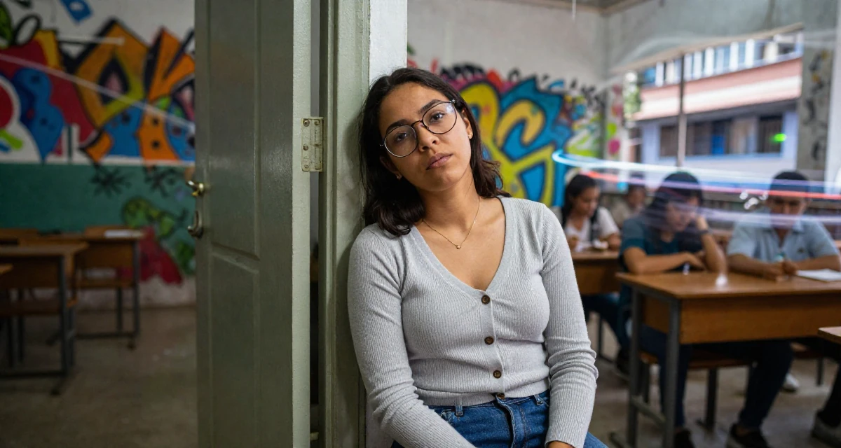 A exhausted Female From Cuba, majored in agricultural economics in their 33, balancing softness with inner strength, wearing a librarian outfit with glasses and a tight cardigan, leaning against a door in a classroom setting.