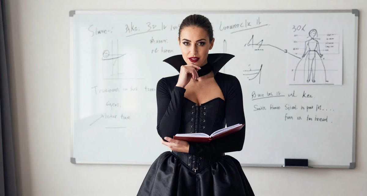 A open and honest Female Former swim team athlete, now building a fitness-focused fanbase in their 29, preparing for the transition into the 30s, wearing a vampire queen gown with a high collar and corset, holding a notebook in a modern apartment.