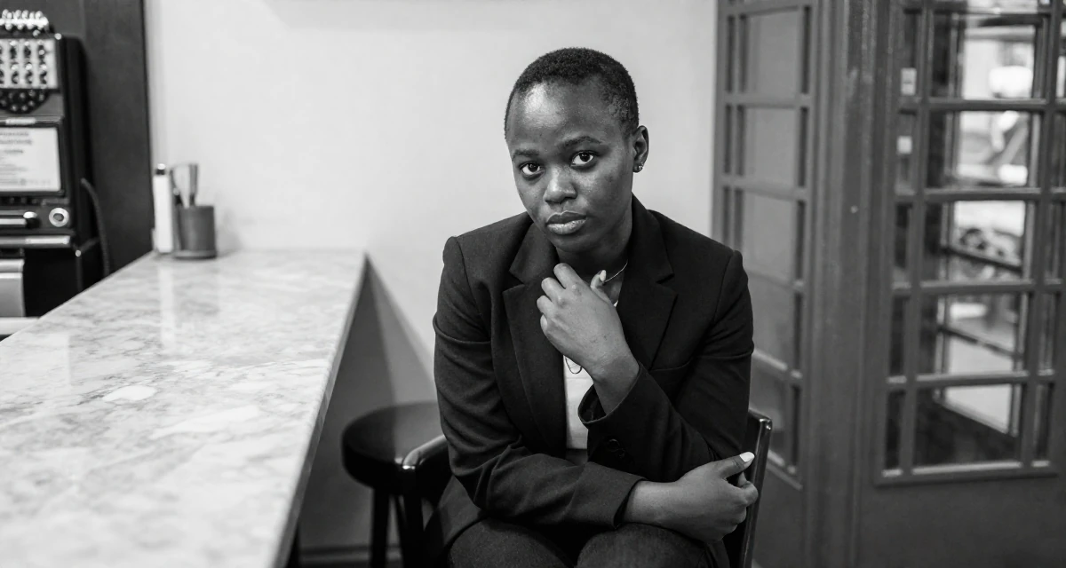 A judgemental Female From Cameroon, majored in applied statistics in their 20, full of naive optimism and energy, wearing a sharp business casual attire, touching a necklace in a cozy café.