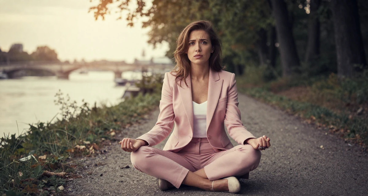 A confused Female From Romania, based in Timișoara, graduated from a creative program majoring in evocative content production in their 25, feeling empowered posting subtly provocative looks, wearing a tailored pantsuit in pastel pink with a white top, playing with a ring on a finger in a forest path.