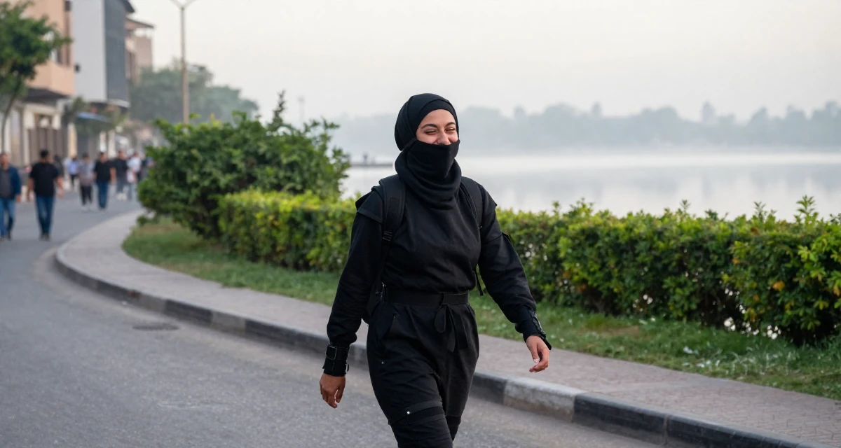 A smirking Female Raised in Morocco, studied international marketing in their 26, learning that trends shift faster than energy can keep up, wearing a tech-wear ninja outfit with a face mask, laughing uncontrollably in a bustling city street.