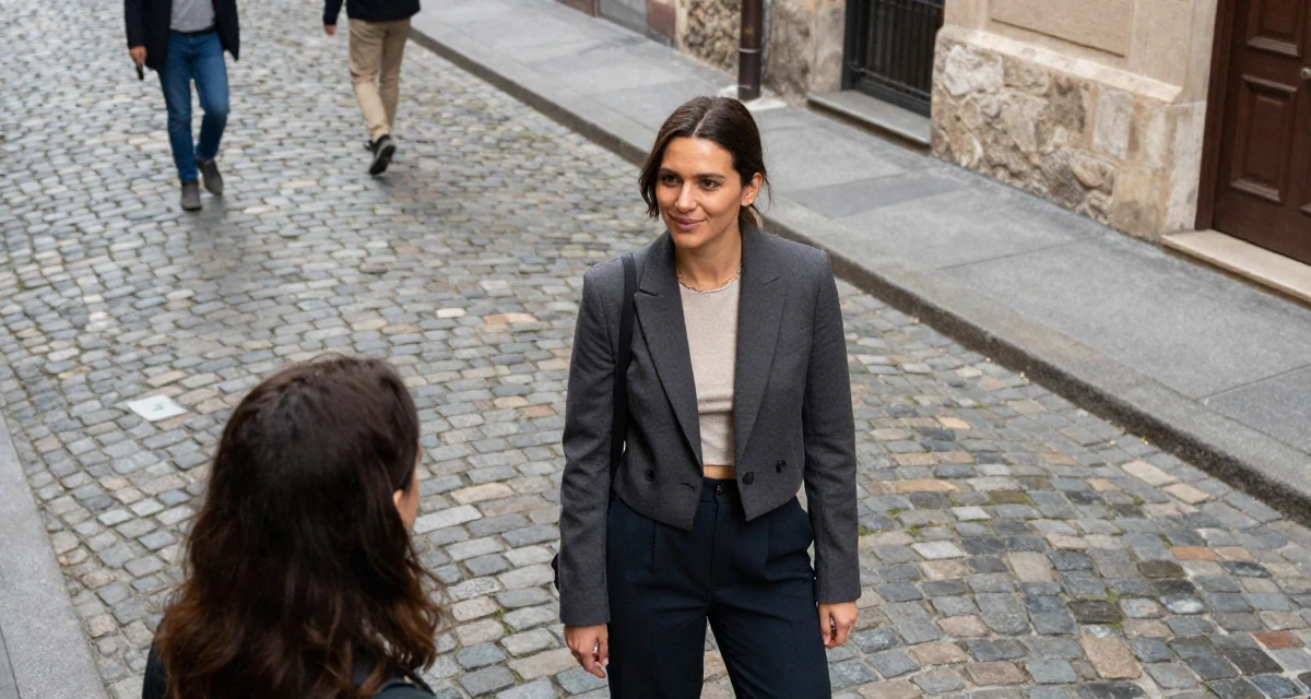 A assertive Female From Canada, studied kinesiology in their 25, recognizing the value of mentorship and guidance, wearing a cropped business jacket and high-waisted pants, smiling at a stranger in a bustling city street.