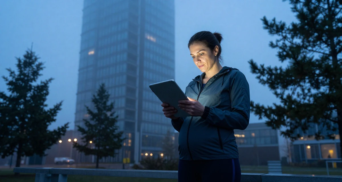 A engrossed Female From Belgium, based in Ghent, graduated from a business school majoring in international marketing in their 31, sharing the reality of post-partum recovery, wearing a sporty windbreaker and leggings, holding a tablet device in a high-rise office building.