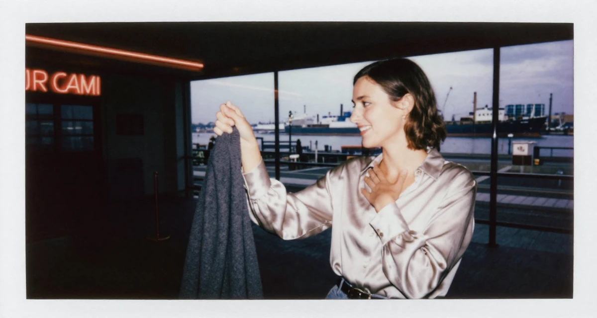 A relaxed and happy Female From Rotterdam Netherlands, practiced lifestyle videography and editing in their 25, handling first DMs from subscribers respectfully, wearing a silk blouse with oversized cuffs, pulling a sweater sleeves over hands in a cinema entrance.