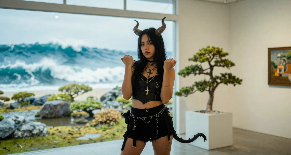 A soulful Female From Cebu Philippines, majored in nursing in their 25, standing tall with newfound self-assurance, wearing a demon girl outfit with horns and a spiked tail, cracking knuckles in a art gallery hall.