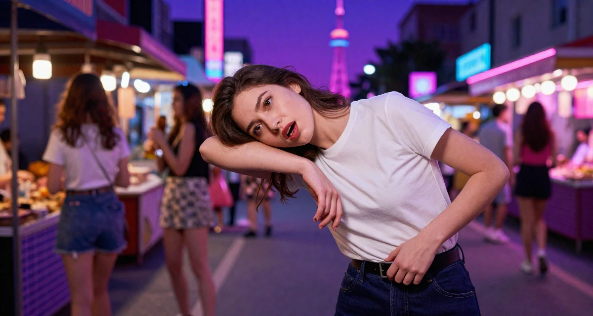 A surprised Female Former hotel housekeeper, now offering intimate behind-the-scenes content in their 20, feeling invincible on a night out with friends, wearing a minimalist everyday clothing, adjusting a belt in a city sidewalk.