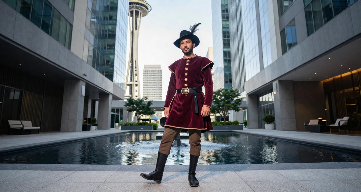 A grounded male From Arabic-speaking world, studied business law in their 23, experimenting with cooking and home life, wearing a royal musketeer tunic with a feathered hat, pausing mid-step in a modern skyscraper lobby.