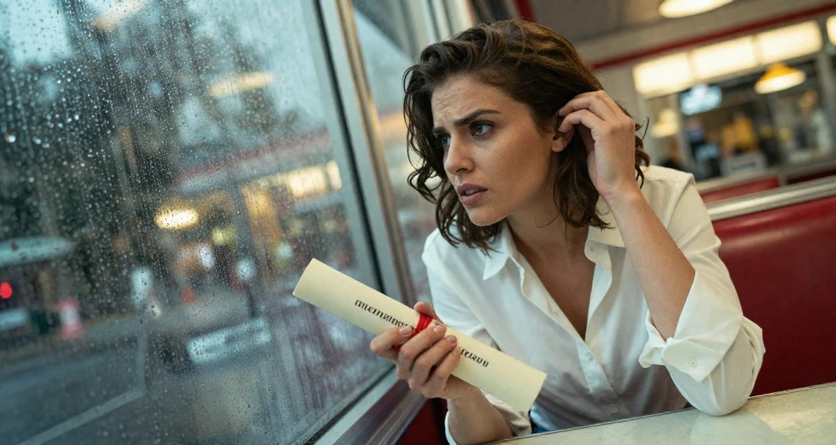 A ambitious Female From Ankara Türkiye, holds a degree in international trade in their 22, hit hard by the reality of entry-level wages, wearing a white shirt unbuttoned to the chest, tucking hair behind an ear in a retro 50s diner.