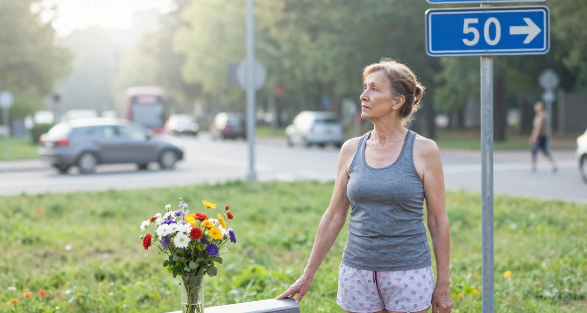 A cold and distant Female From Hungary, has a background in physical education in their 50, sharing the secrets of graceful aging, wearing a fitted racerback tank and pajama shorts, looking at a street sign in a grassy field.