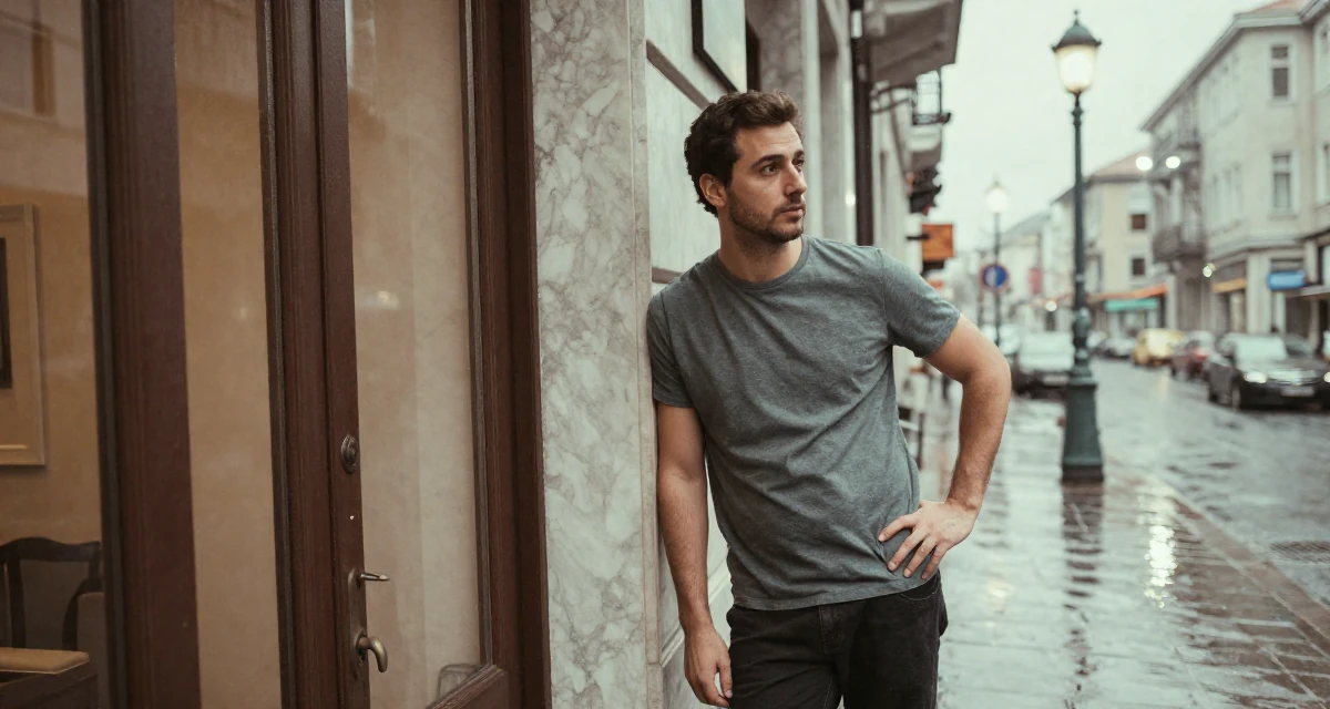 A alert and attentive male From Istanbul Türkiye, studied interior design in their 28, saving aggressively for first home, wearing a comfortable urban casual outfit, leaning against a door in a rainy street corner.
