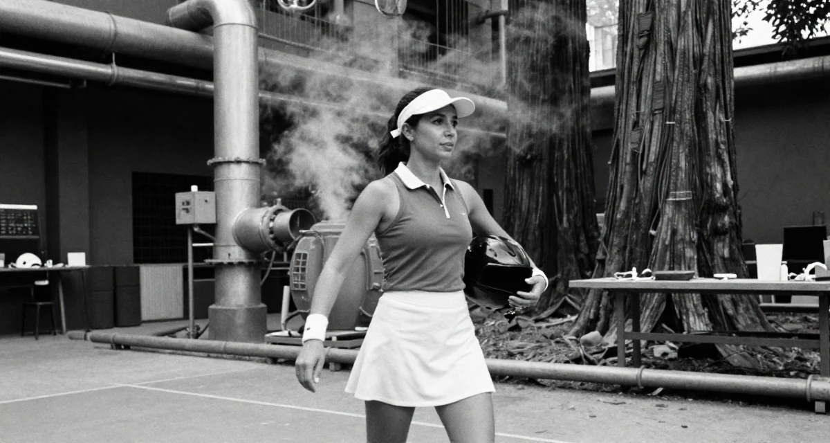 A quietly confident Female From Abu Dhabi UAE, studied finance and banking in their 48, preparing for long-term financial planning, wearing a tennis player outfit with a visor and white skirt, holding a helmet under one arm in a artist workshop.