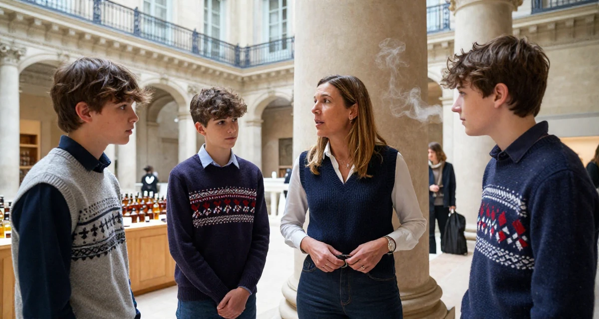 A commanding Female From France, trained in perfumery and chemistry in their 41, confident mother of teenagers sharing advice, wearing a preppy sweater vest combo, adjusting a belt in a museum exhibit.