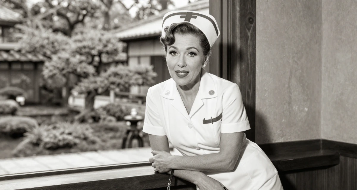 A open and honest Female Once a biology lab intern, now crafting sensual science-themed content in their 46, wellness advocate for women over 40, wearing a nurse cosplay uniform with a stylized cap, holding a purse tightly in a banquet hall.