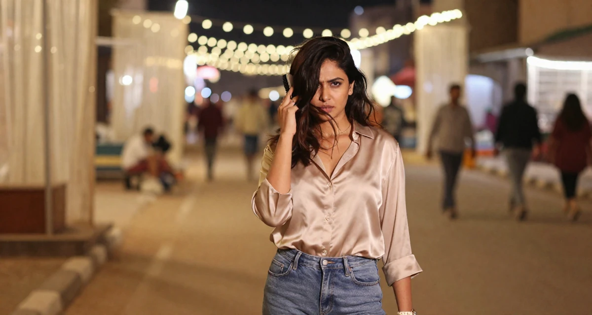 A ferocious Female From India, majored in fashion technology in their 44, proud of professional achievements and growth, wearing a soft silk blouse and jeans, brushing hair away from the face in a busy intersection.