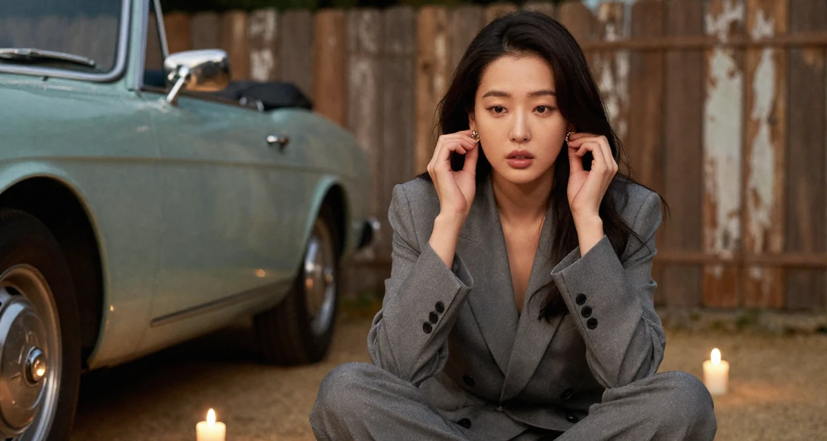 A seductive Female From Seoul South Korea, studied K-style beauty and content editing in their 38, rediscovering old hobbies like painting, wearing a relaxed fit suit separate, putting on earrings in a vintage convertible car.