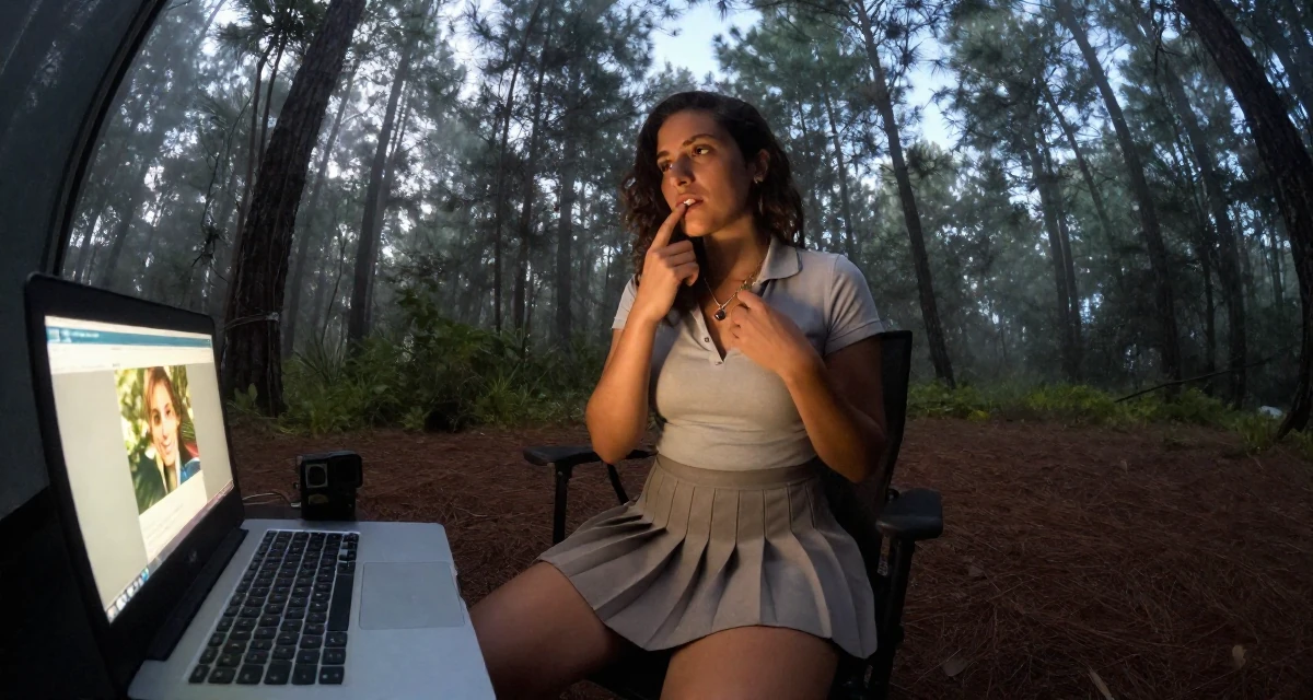 A glowing Female From Córdoba Argentina, studied emotional storytelling in photography in their 23, wondering if this hustle is worth the stress, wearing a short pleated skirt and a tight polo shirt, touching a necklace in a camping site.