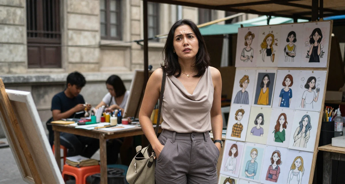 A ambitious Female Raised in Vietnam, studied digital illustration in their 23, regretting creative decisions but needing to post anyway, wearing a draped neckline top and fitted slacks, zipping up a bag in a artist workshop.