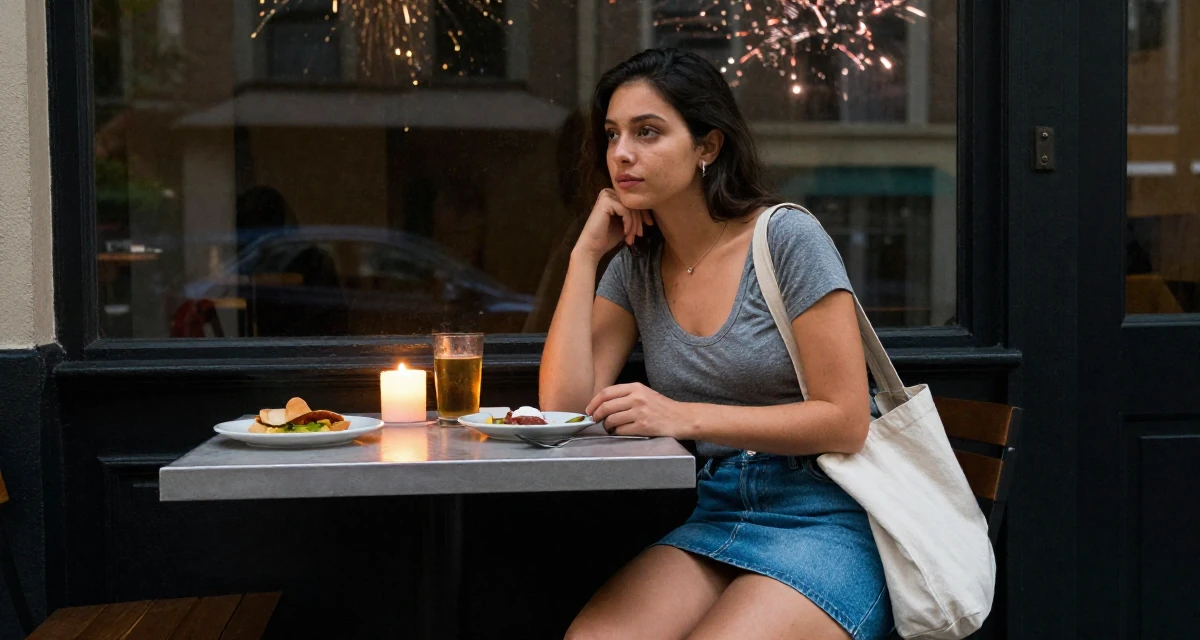 A wistful Female Previously a travel-blog student, now turning trips into premium creator content in their 32, urban explorer finding beauty in the city, wearing a fitted scoop neck tee and a denim mini skirt, carrying a tote bag in a breakfast nook.
