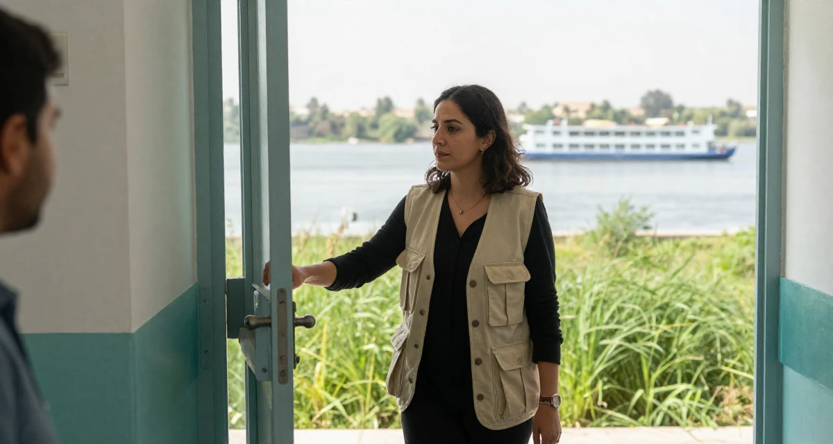 A sophisticated Female From Egypt, majored in archaeology in their 25, focusing on deep meaningful friendships, wearing a urban explorer utility vest look, pushing a door open in a hospital corridor.