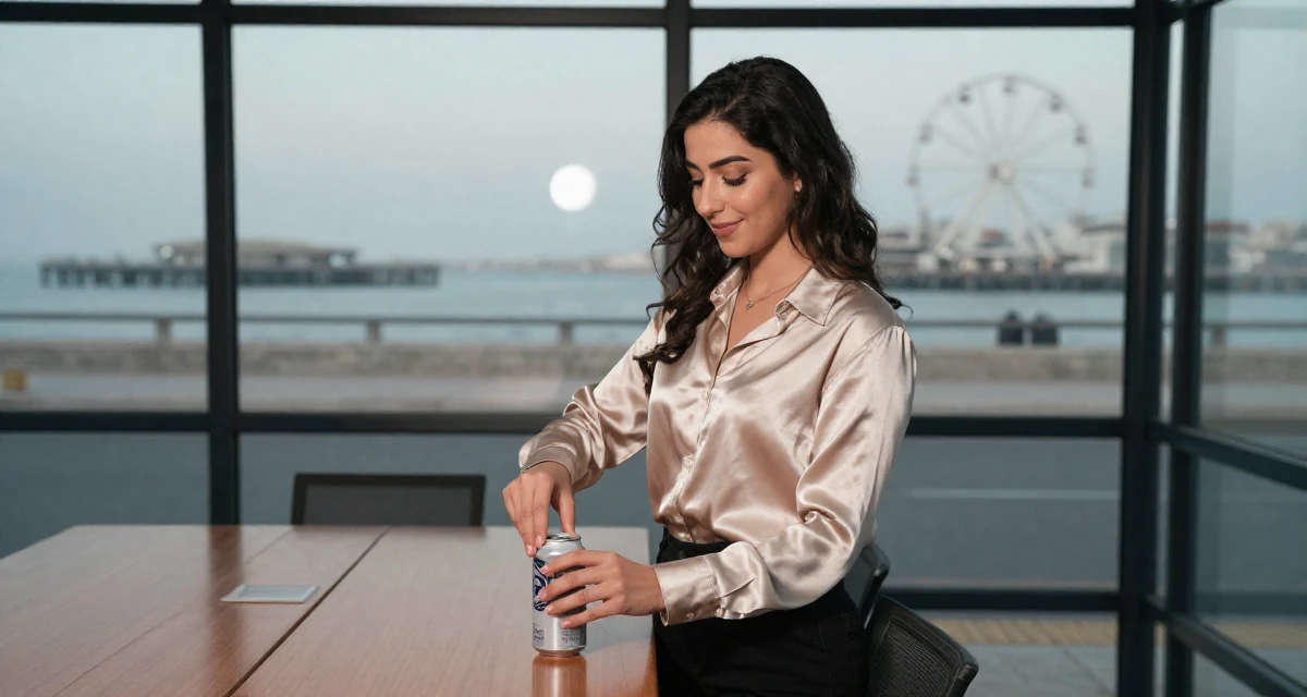 A satisfied Female Born in Egypt, studied public relations in their 25, developing discipline through daily habits, wearing a satin button-up shirt in champagne color, opening a soda can in a bus stop.