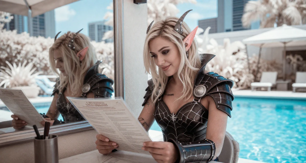 A sweet Female From USA, studied screenwriting in Los Angeles in their 24, refining a signature style between classy and daring, wearing a dark elf leather armor with spiderweb motifs, looking at a menu in a swimming pool.