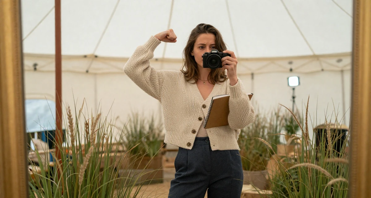 A distracted Female From England, majored in philosophy in their 20, spending too much time scrolling social media, wearing a cozy knit cardigan and slacks, holding a notebook in a circus tent interior.