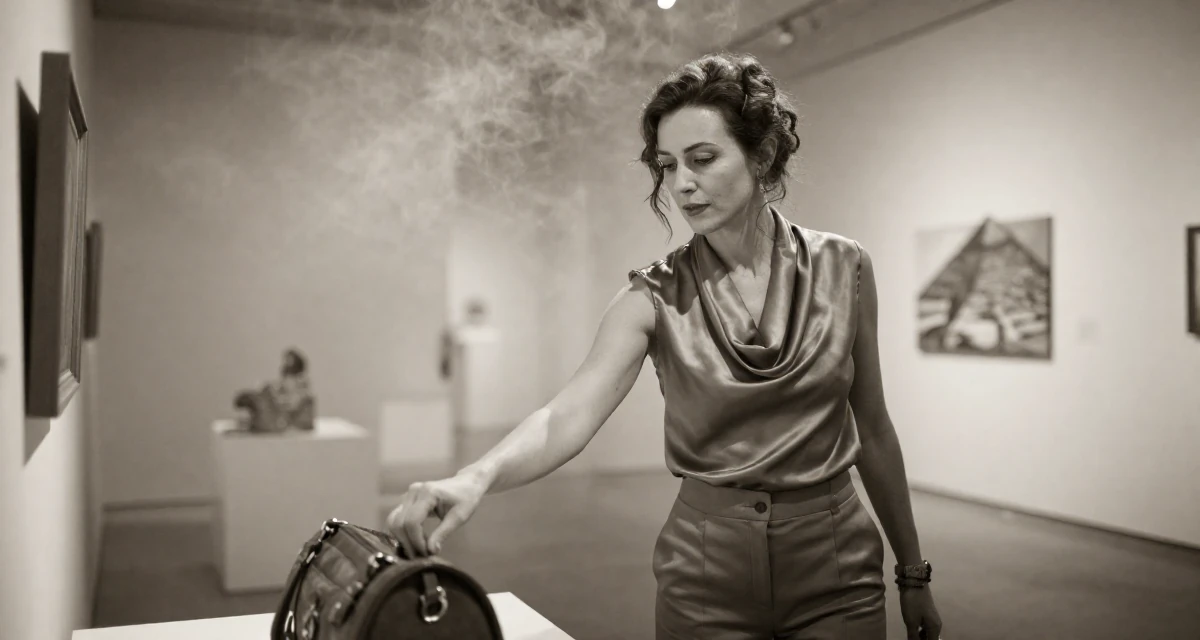 A reflective Female From Gothenburg Sweden, studied sustainable development in their 40, celebrating a decade of professional mastery, wearing a satin cowl neck top and tailored shorts, closing a bag in a art gallery hall.