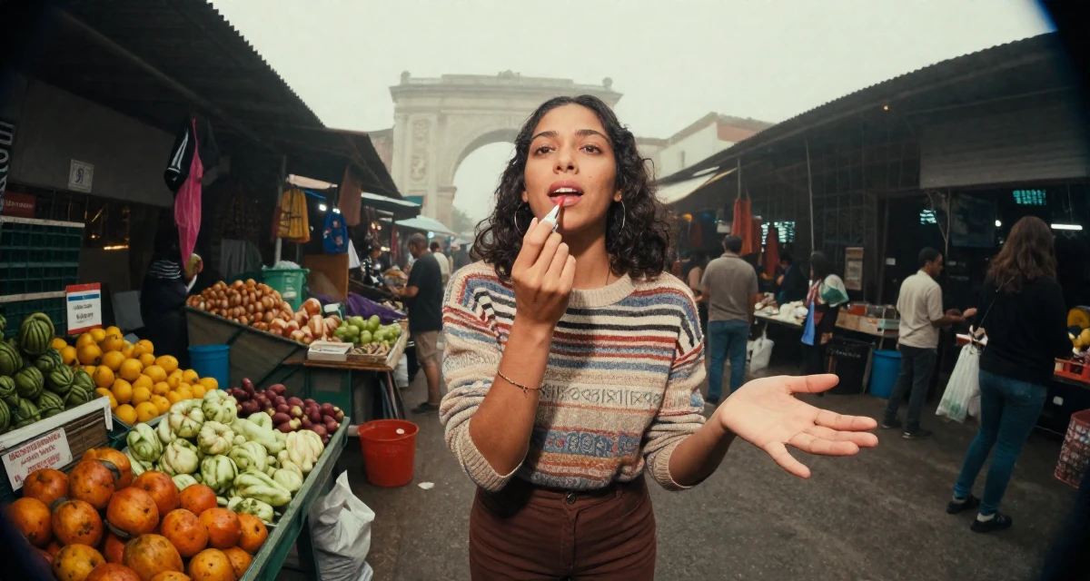A lighthearted Female From Venezuela, majored in public administration in their 23, juggling sensual creativity with real-life responsibilities, wearing a vintage sweater and high-waist pants, applying lipstick in a bustling market.
