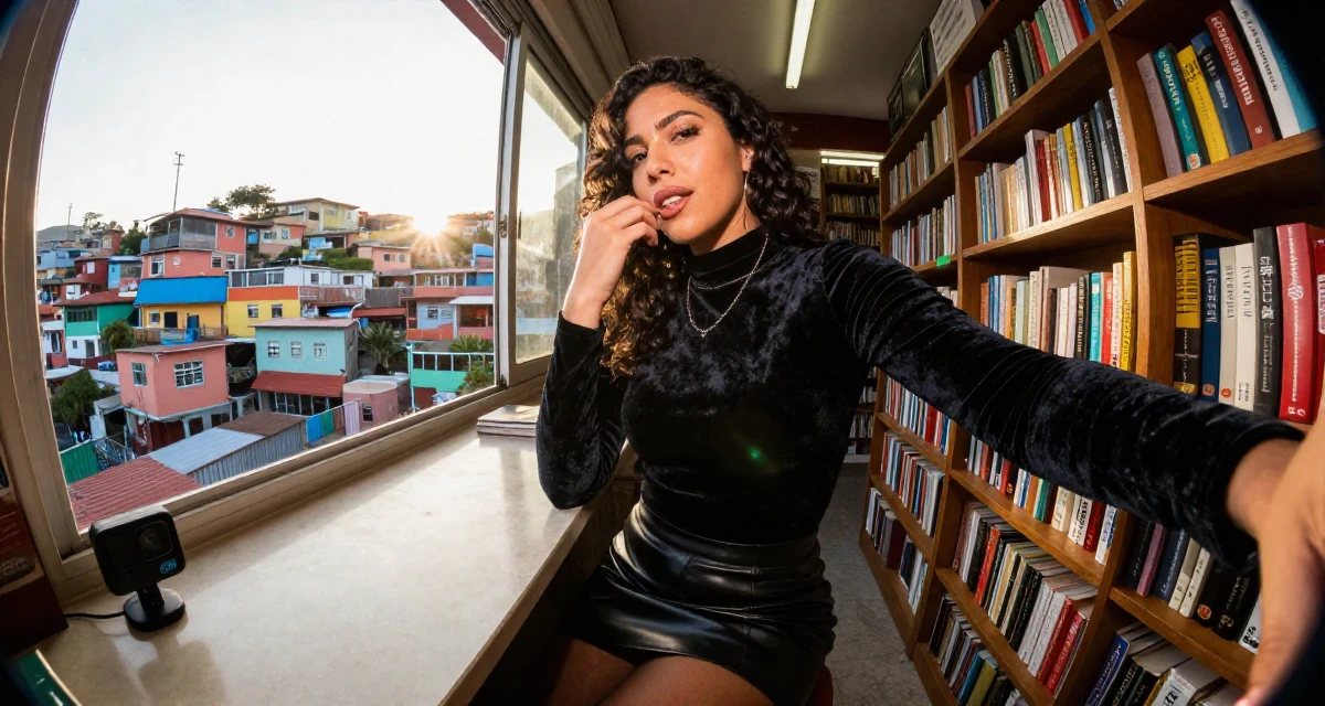 A bewitching Female From United States, majored in development economics in their 30, experimenting with bold fashion choices, wearing a fitted velvet top and a leather skirt, biting the lower lip softly in a bookstore aisle.