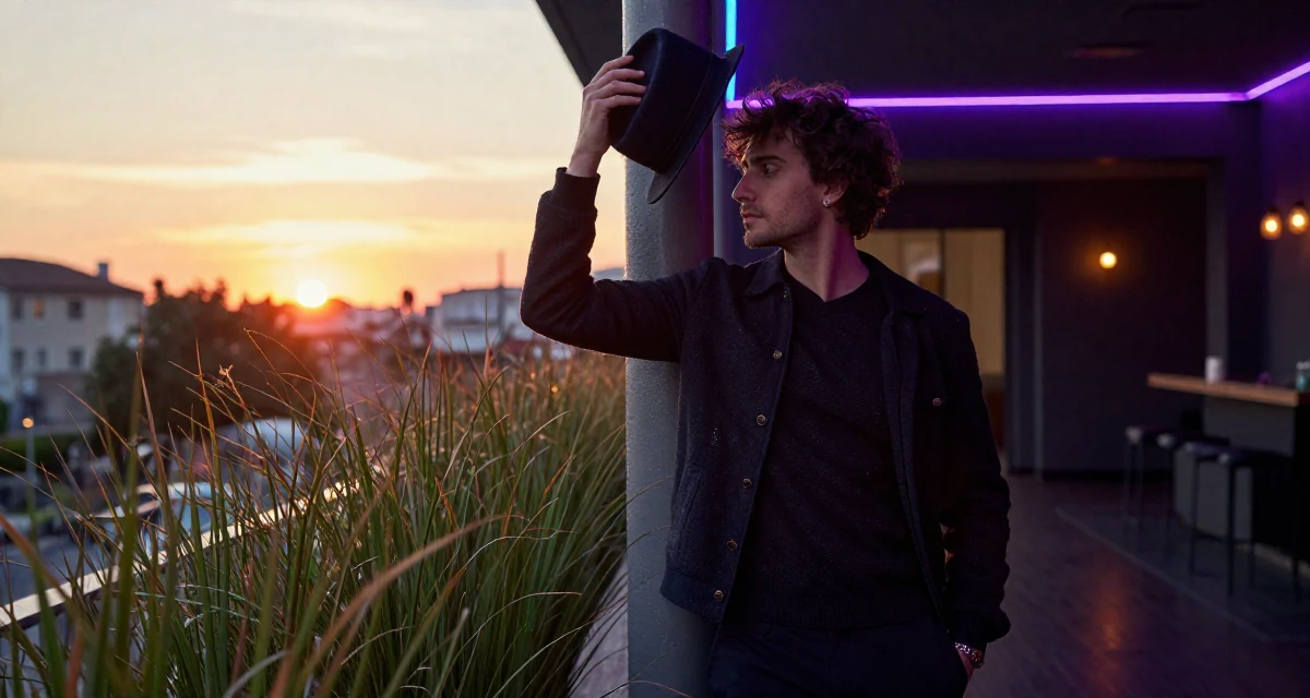 A serene male From Italy, based in Milan, graduated from a design school majoring in sensual visual communication in their 30, planning a dream wedding on a budget, wearing a dark academia inspired outfit, holding a hat against the wind in a hotel lobby.