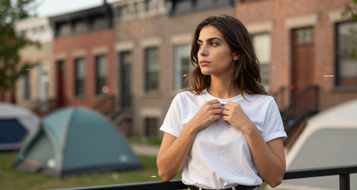 A thoughtfully silent Female Raised in Turkey, studied media relations and advertising in their 25, discovering how lighting makes soft sensual vibes pop, wearing a minimalist everyday clothing, fixing a collar in a camping site.