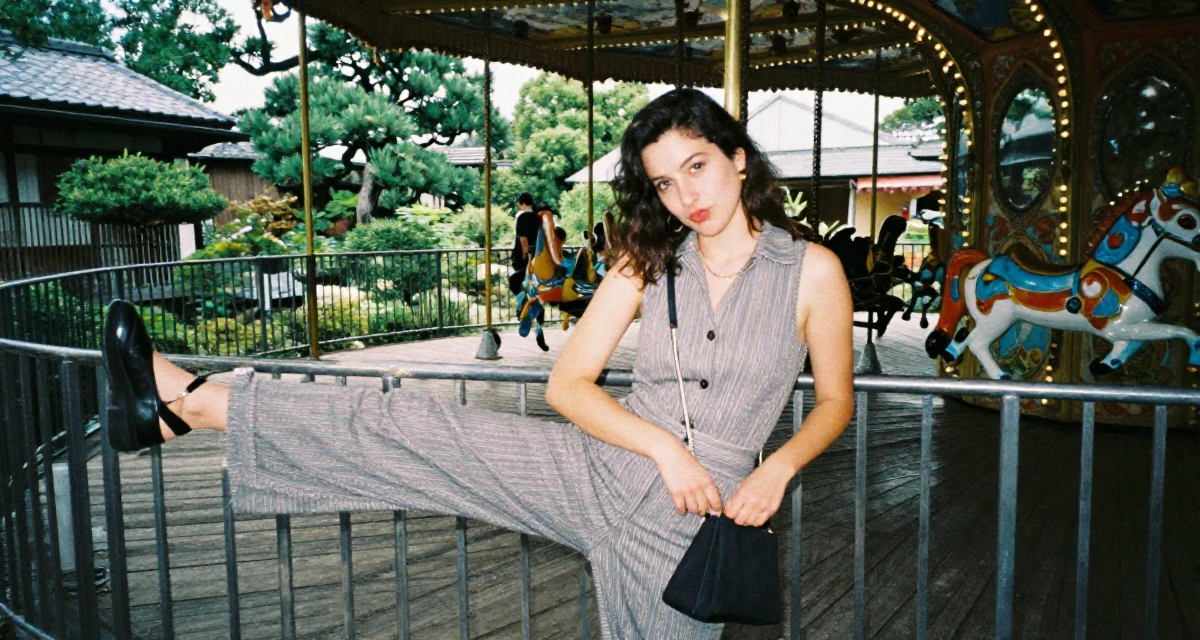 A witty Female From Ecuador, studied system engineering in their 25, developing early financial habits, wearing a chic jumpsuit styling, zipping up a bag in a carnival with rides.