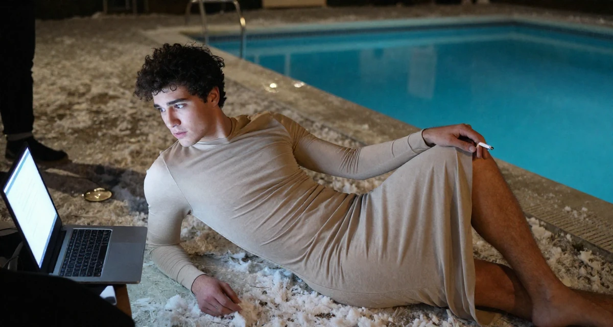 A aloof but intriguing male From USA, studied supply chain management in their 24, learning how to set boundaries in private messages, wearing a long-sleeve bodycon midi dress in neutral tones, holding a cigarette (lit or unlit) in a snowy sidewalk.