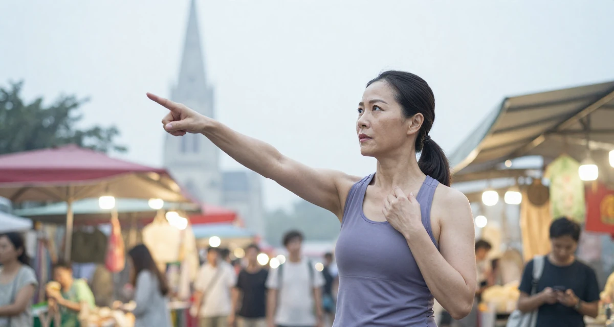 A determined Female From Hong Kong, studied digital media arts in their 47, revitalizing a marriage after twenty years, wearing a fitted athletic wear, adjusting a collar in a night market stall.