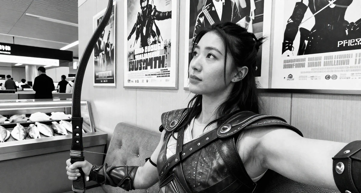 A relaxed and observant Female Former figure-skating student, now producing graceful aesthetic content in their 28, realizing rebranding is emotionally draining, wearing a fantasy elven archer outfit with leather armor details, posing for a selfie in a airport terminal.