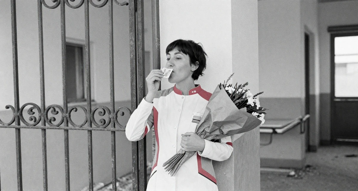 A relieved Female From France, has a degree in art history and curating in their 23, enjoying the first taste of disposable income, wearing a futuristic medic uniform with white and red details, holding a bouquet in a abandoned hospital.