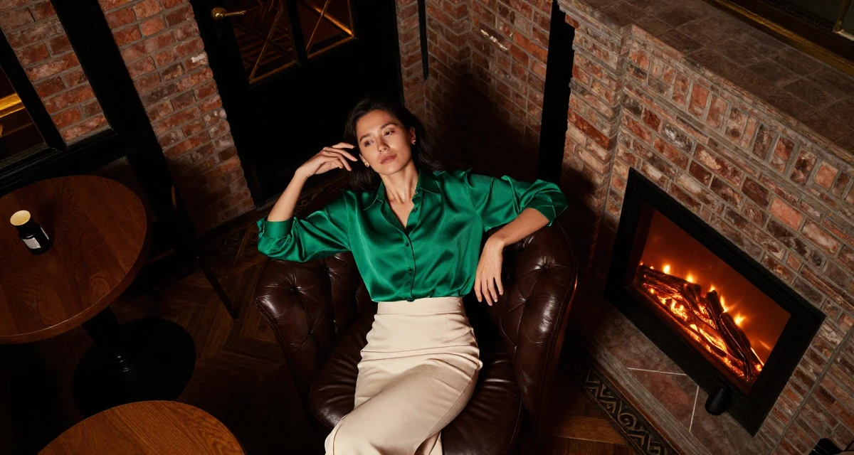 A deeply thinking Female From Bangkok Thailand, learned nightclub choreography and costume design in their 24, navigating office politics for the first time, wearing a emerald green silk blouse and a cream skirt, adjusting sleeves in a dimly lit jazz bar.