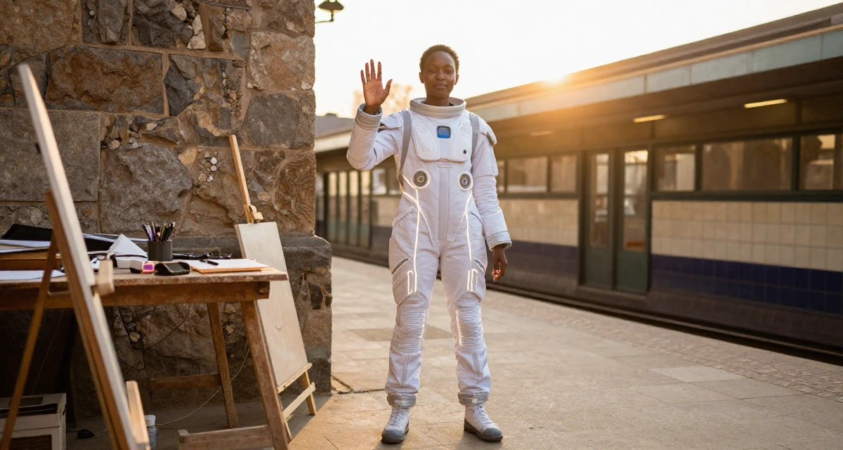 A placid Female Raised in Kenya, studied digital entrepreneurship in their 23, seeking validation through achievement, wearing a futuristic space pilot plugsuit with glowing lines, waving to someone in a artist workshop.