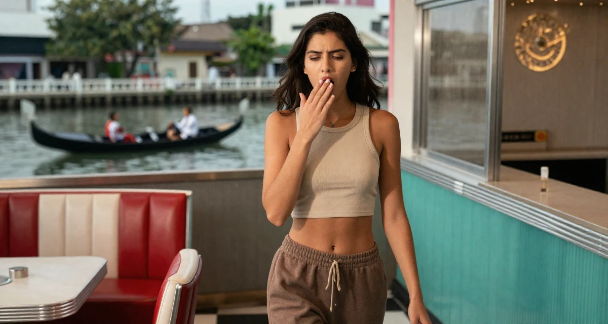 A observant Female From Manila Philippines, learned stage presence from bar performance work in their 25, discovering the mental toll of constant visibility, wearing a cropped tank top and low-waisted sweatpants, yawning discreetly in a retro 50s diner.