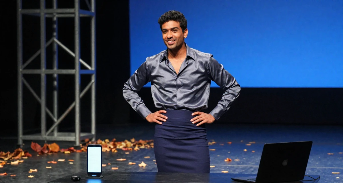A radiant male From Abu Dhabi UAE, learned studio production and lighting design in their 25, learning to balance creativity with subscriber expectations, wearing a tight pencil skirt and a tucked-in silk blouse, fixing a cufflink in a theater stage.