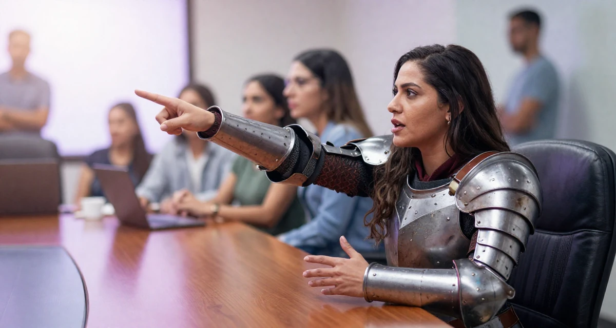 A proud Female Raised in Mexico, majored in e-commerce management in their 24, cutting off toxic relationships without guilt, wearing a battle-damaged armor showing skin underneath, gesturing while talking in a radio station.