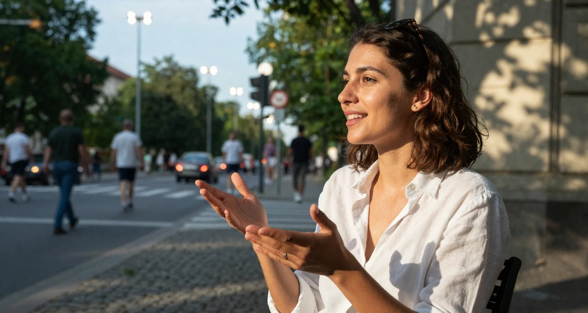 A cheerful Female From Prague Czech Republic, majored in multimedia journalism in their 22, realizing that “overnight success” is a lie, wearing a white shirt unbuttoned to the chest, gesturing while talking in a busy intersection.