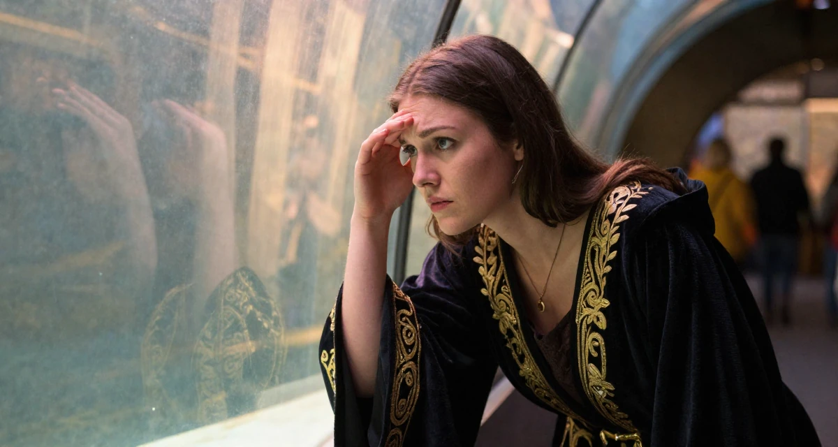 A worried Female From Canada, majored in anthropology in their 23, building consistency in personal projects, wearing a high-fantasy sorceress robe with gold embroidery, shading eyes with a hand in a aquarium tunnel.