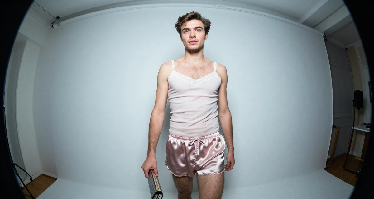 A elegant male From Moscow Russia, majored in linguistics in their 25, feeling empowered posting subtly provocative looks, wearing a lace-trimmed camisole and silk lounge shorts, clutching a clutch bag in a home interior.