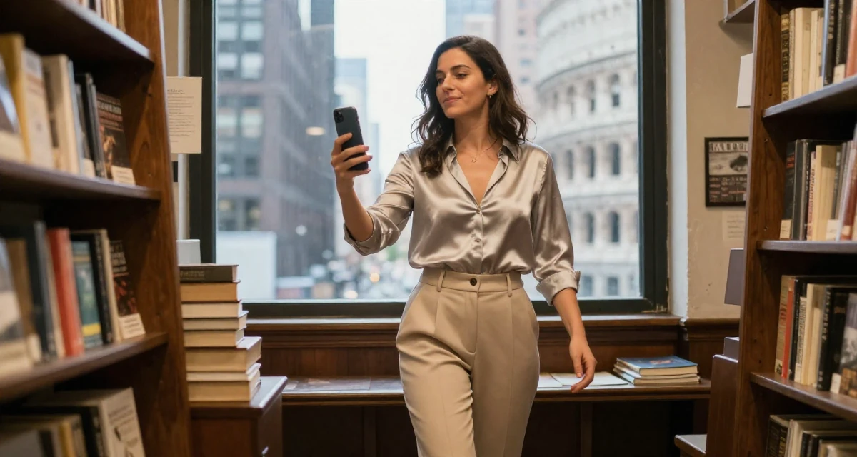 A relaxed and observant Female From United States, majored in cybersecurity in their 40, embracing natural beauty and self-acceptance, wearing a high-waisted beige trousers and a tucked-in satin blouse, posing for a selfie in a vintage bookstore.