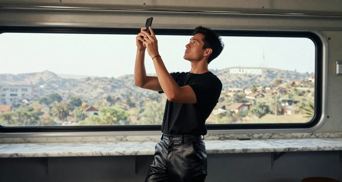 A assertive male Once a barista, now a full-time creator leaning into aesthetic storytelling in their 38, rediscovering old hobbies like painting, wearing a sleek leather pants styling, snapping a photo with a phone in a train carriage.