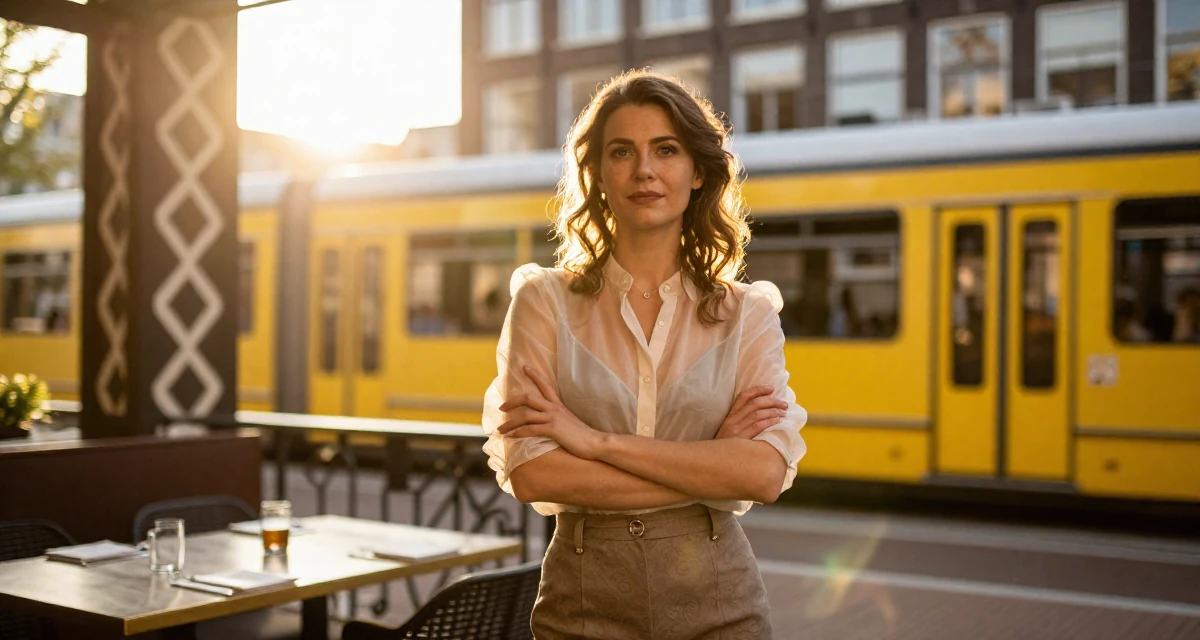 A disinterested Female From Amsterdam Netherlands, explored art-nude expression in creative collectives in their 41, finding joy in volunteering and community, wearing a sheer sleeve blouse and a high-waisted skirt, clasping hands together in a high-end restaurant.